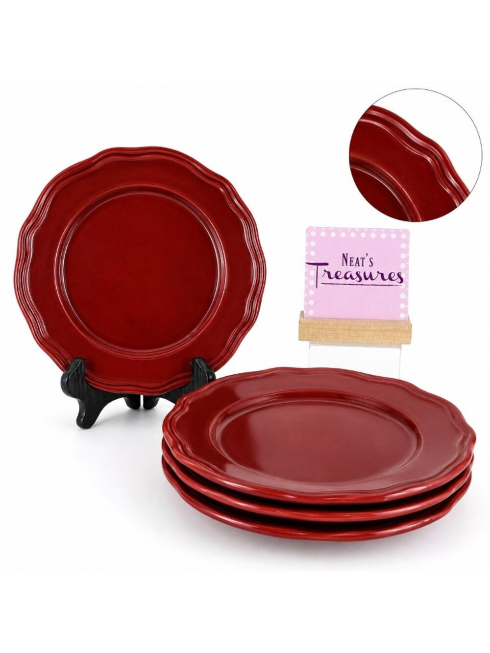 Home Trends HTS3 All Burgundy Maroon Embossed Edge Lunch Salad Plates Set of 4
